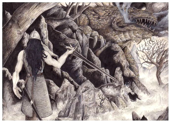 Túrin Turambar stands before Glaurung